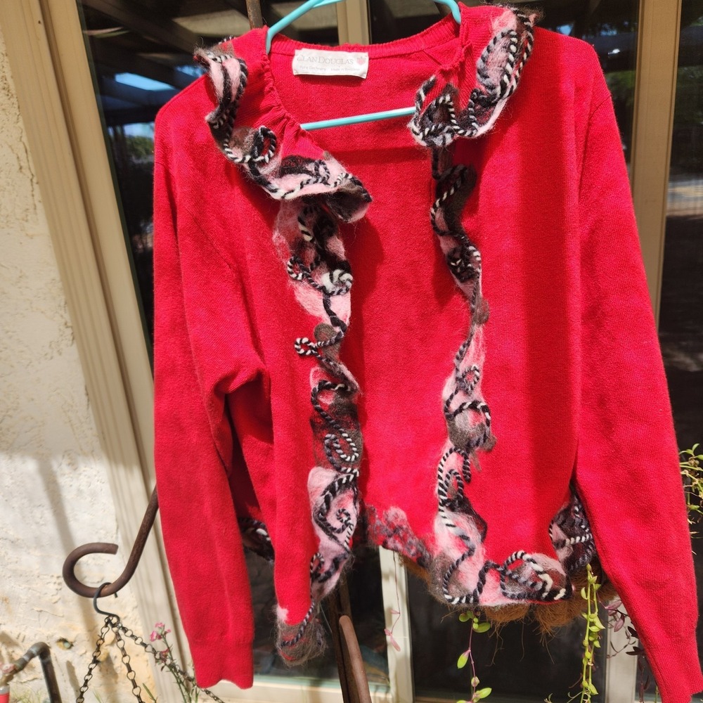 Clan Douglas Cashmere Open Front Cardigan Woven‎ Accent Ruffle Edge Red Sz L